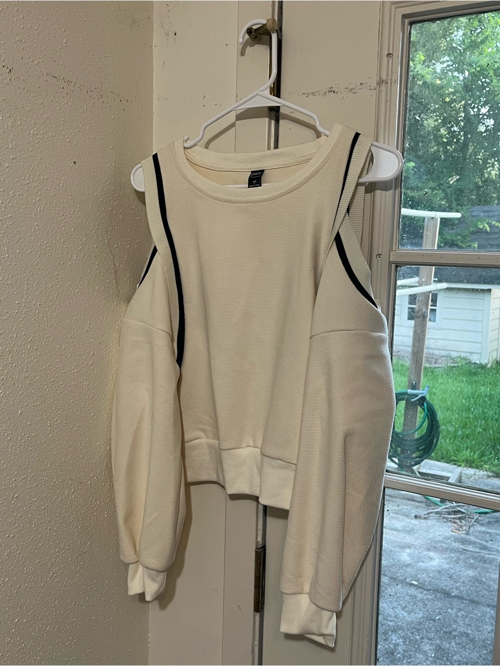 Dazy Cream Waffle Knit Cold-Shoulder Top with Black Trim